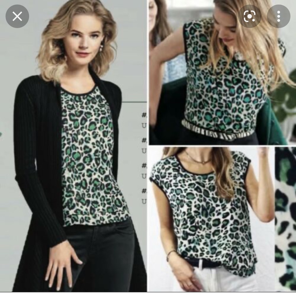 CAbi Green and Black Leopard Print Short Sleeve Top